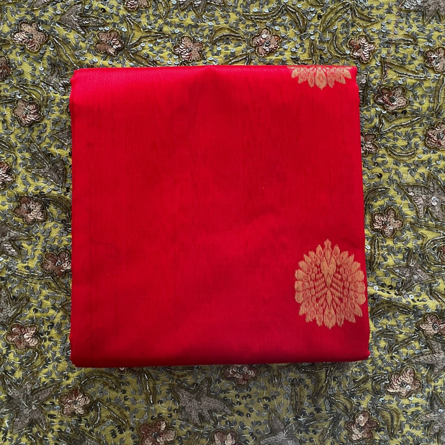 Red Chanderi silk saree with mor motifs all over