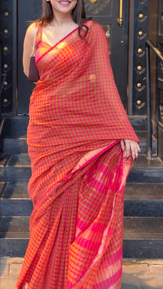 Pink and Olive Maheshwari checkered saree with zari border