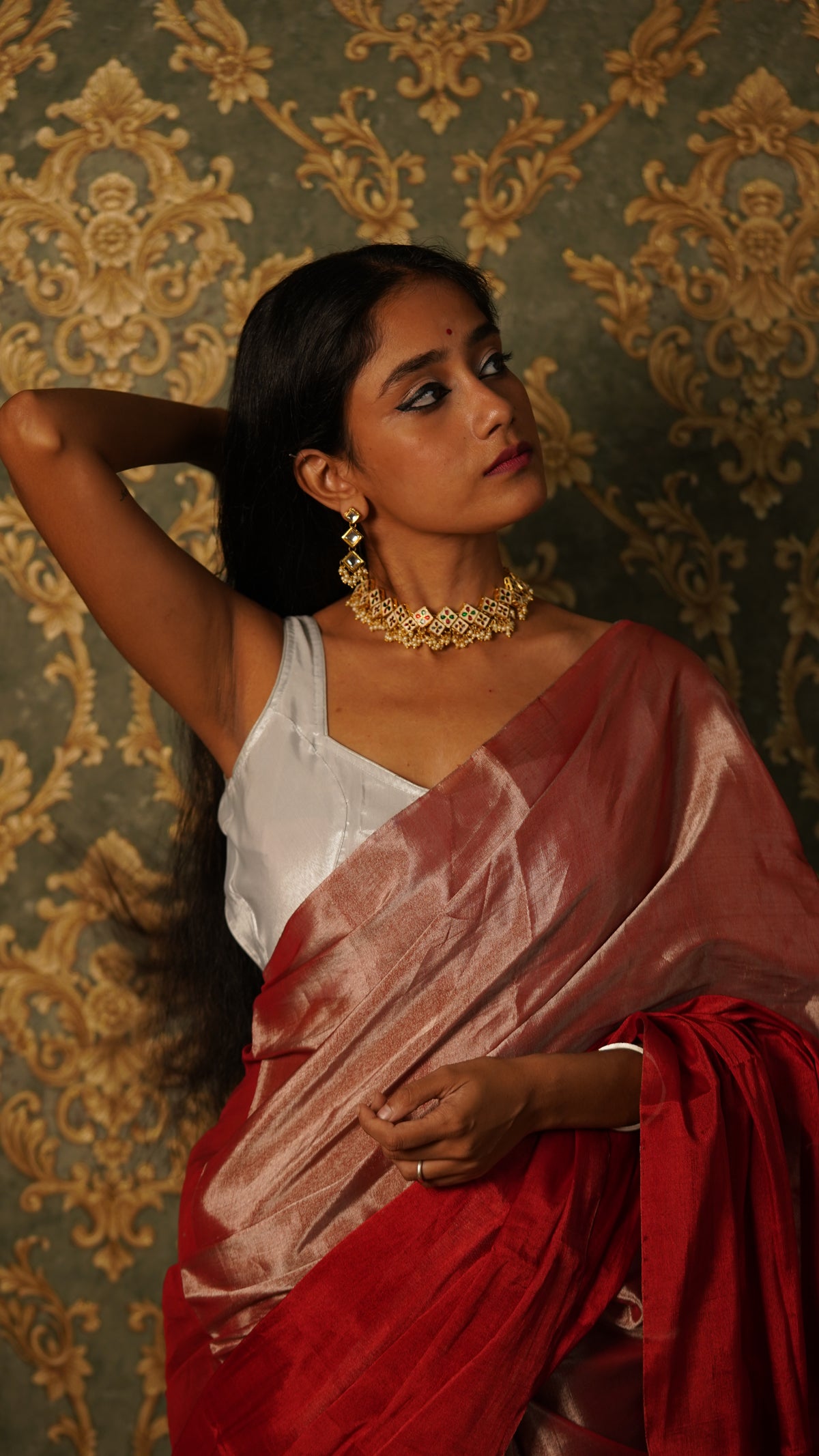 Silver and red chanderi tissue silk saree