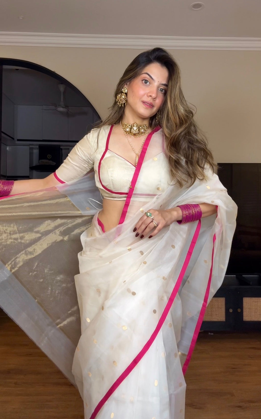 Off-White & Pink Chanderi Organza Silk Saree with Zari Bootis all over