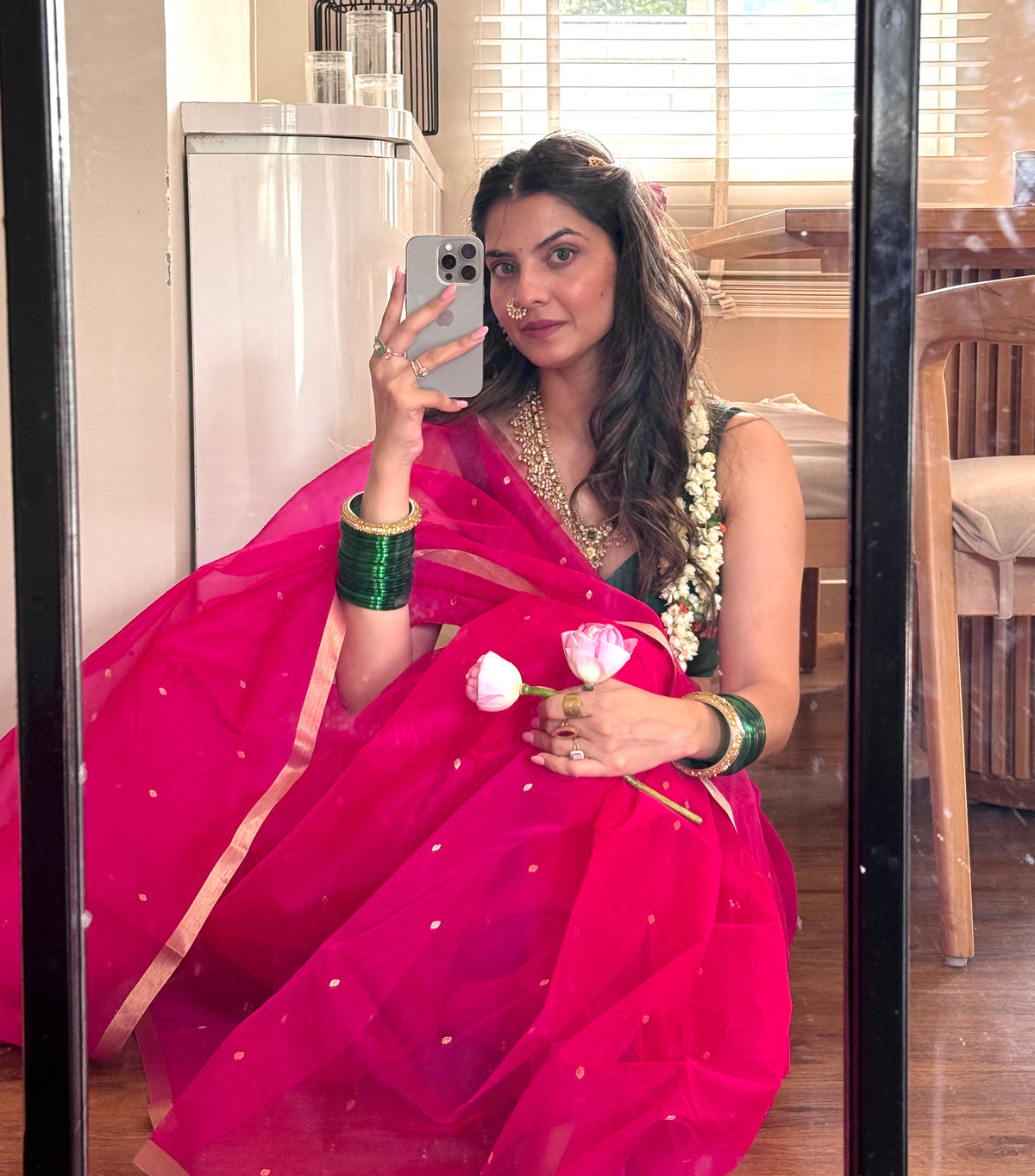 Fuschia pink Chanderi silk saree with zari bootis all over