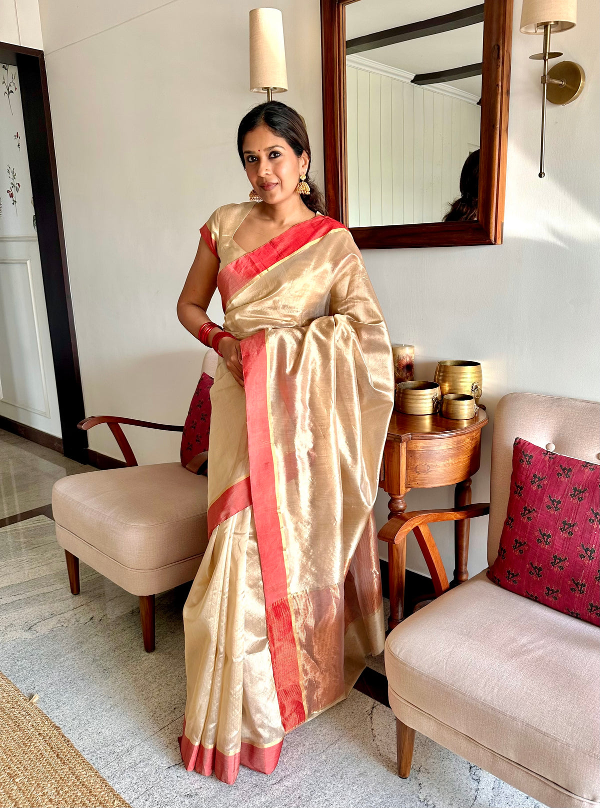 Beige & Red Chanderi Silk Saree with Zari Lines on Pallu
