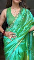 Ready to wear | Sea Green Dual Tone Chanderi Silk Saree with Jhoomar Motifs all over