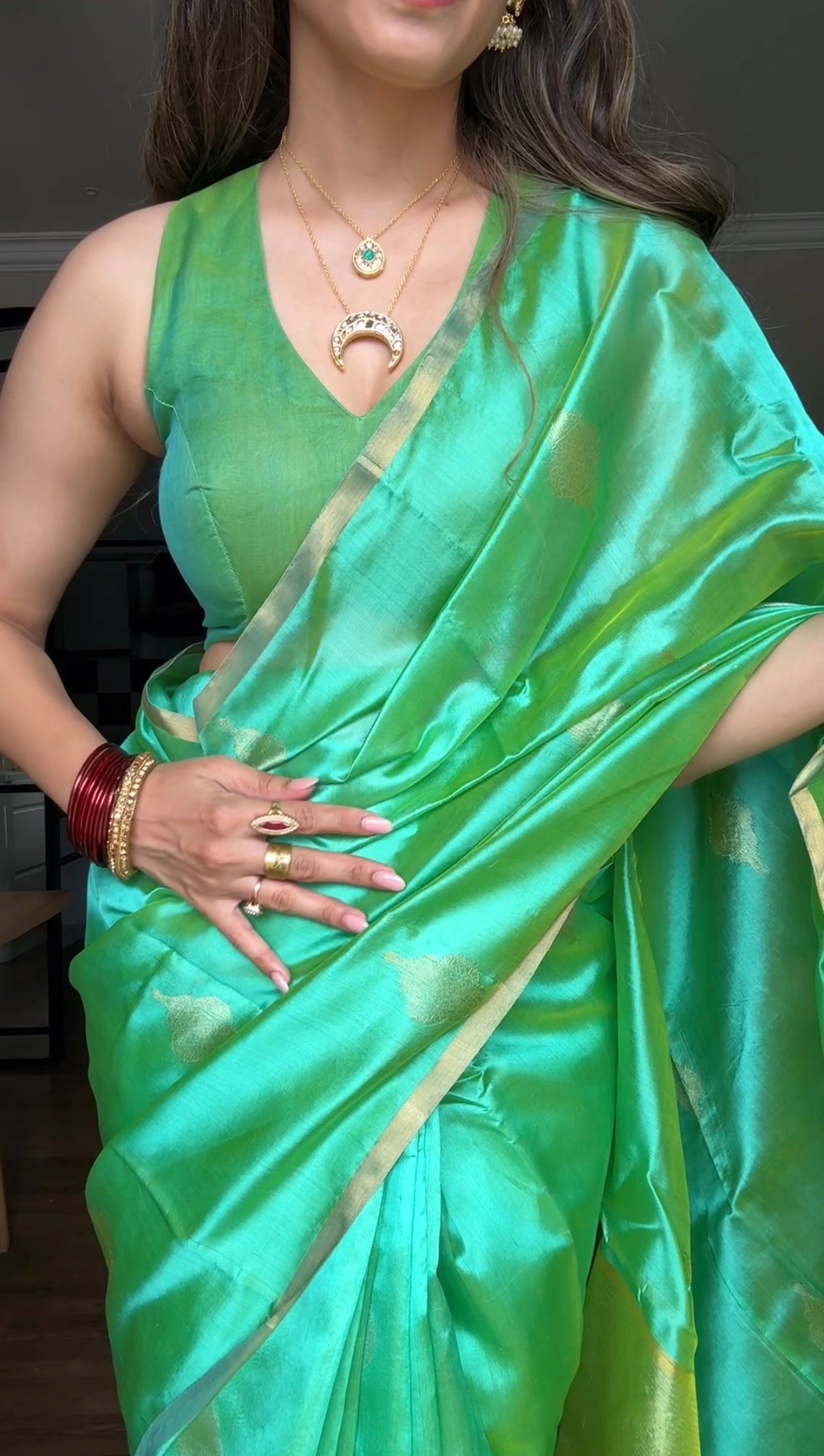 Ready to wear | Sea Green Dual Tone Chanderi Silk Saree with Jhoomar Motifs all over