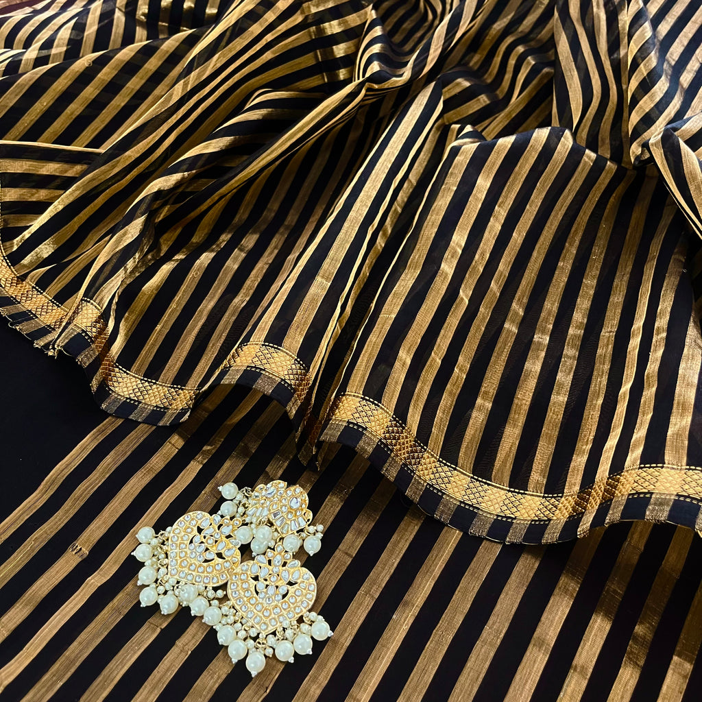 Black Maheshwari saree with zari stripes all over