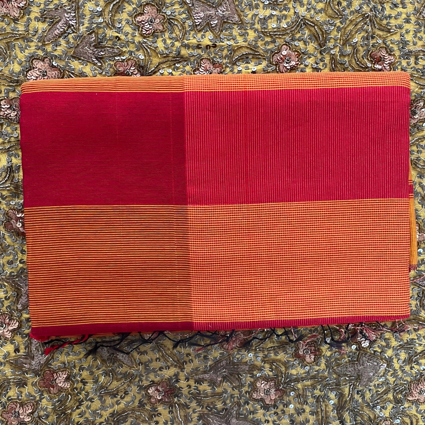 Red and Mustard striped Maheshwari saree