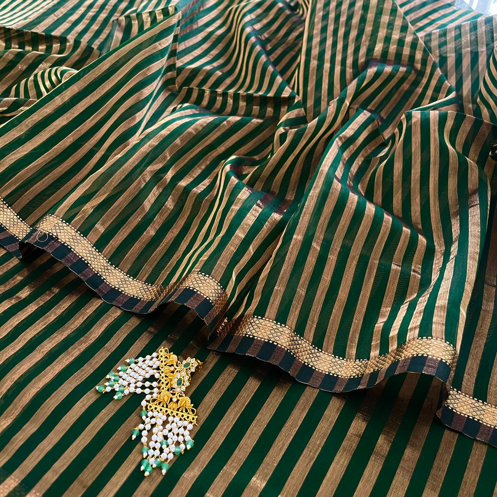 Dark green Maheshwari saree with zari stripes all over