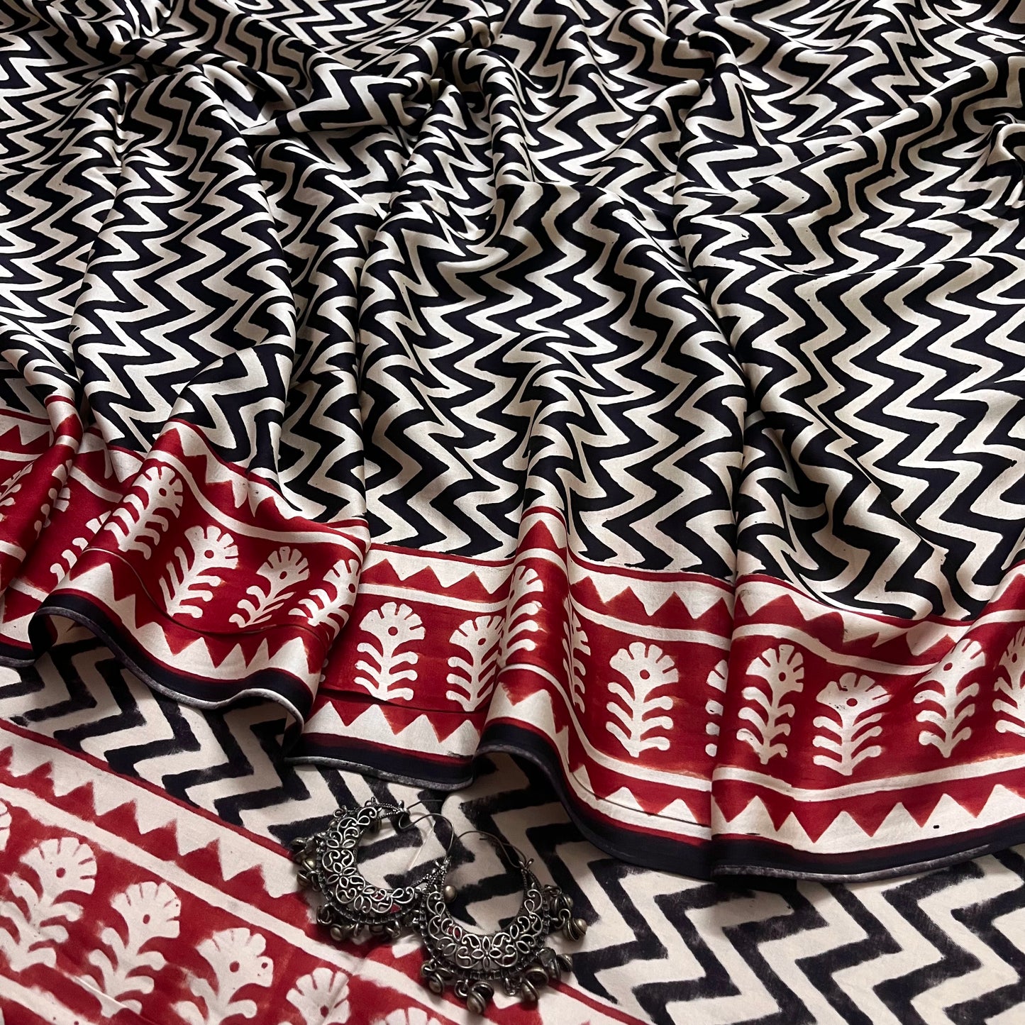 Black and white saree with block print all over