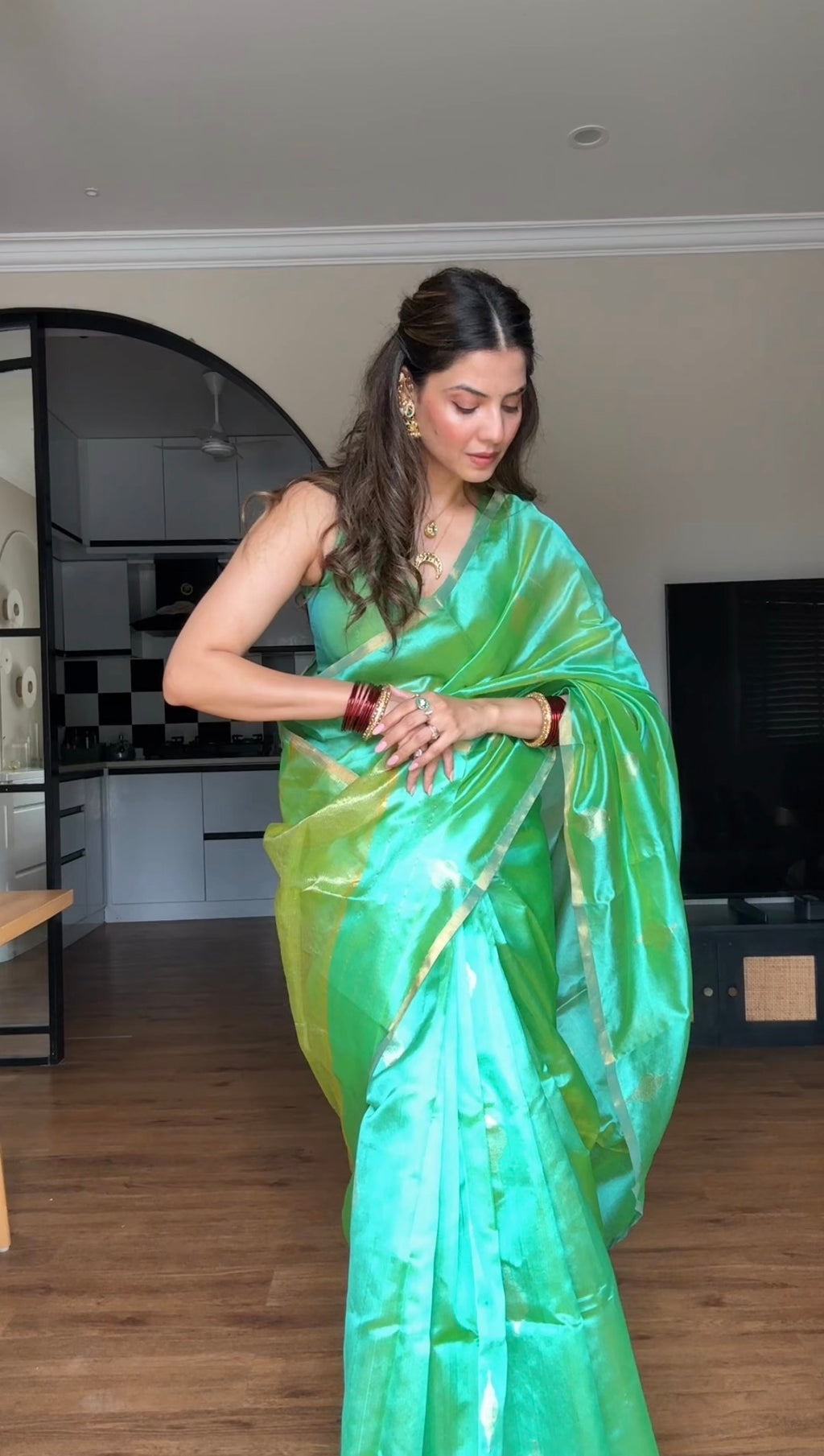 Ready to wear | Sea Green Dual Tone Chanderi Silk Saree with Jhoomar Motifs all over