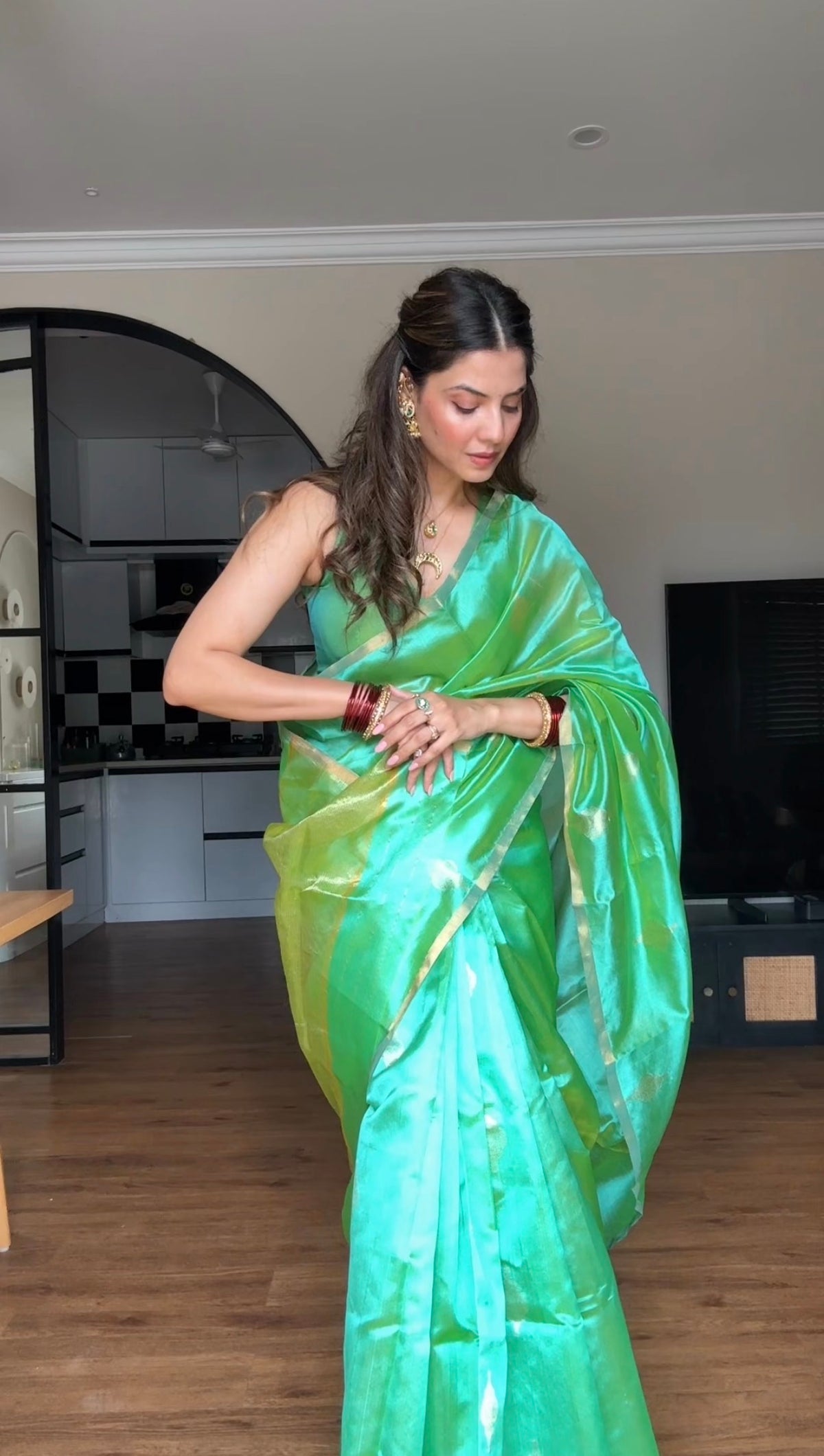 Ready to wear | Sea Green Dual Tone Chanderi Silk Saree with Jhoomar Motifs all over