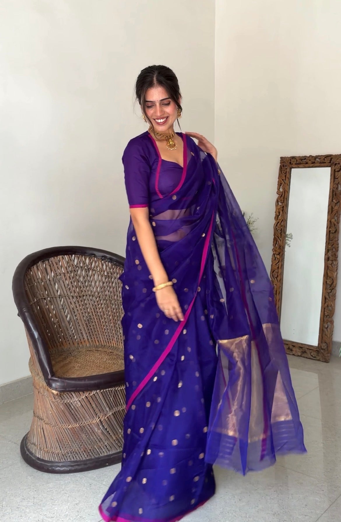 Dark Purple & Pink Chanderi silk saree with zari bootis all over