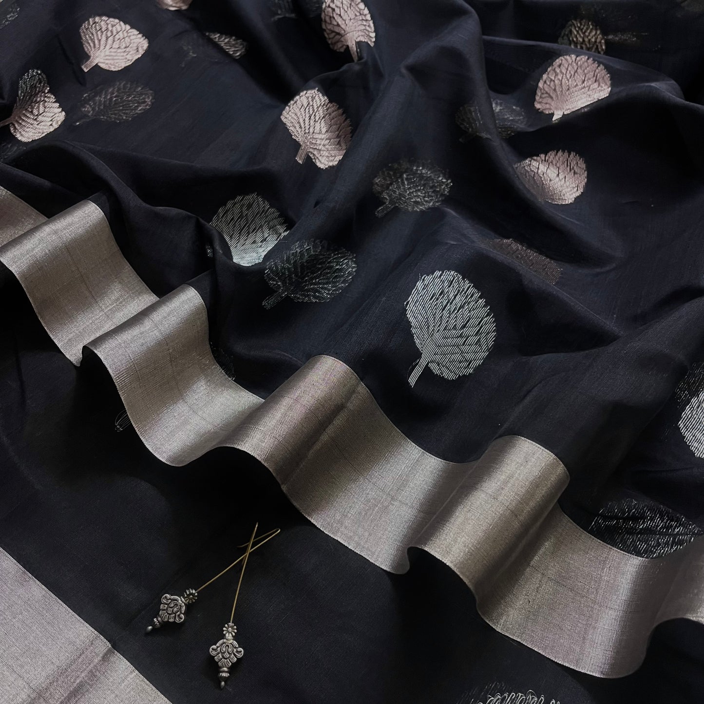 Black Chanderi saree with silver tree motifs all over
