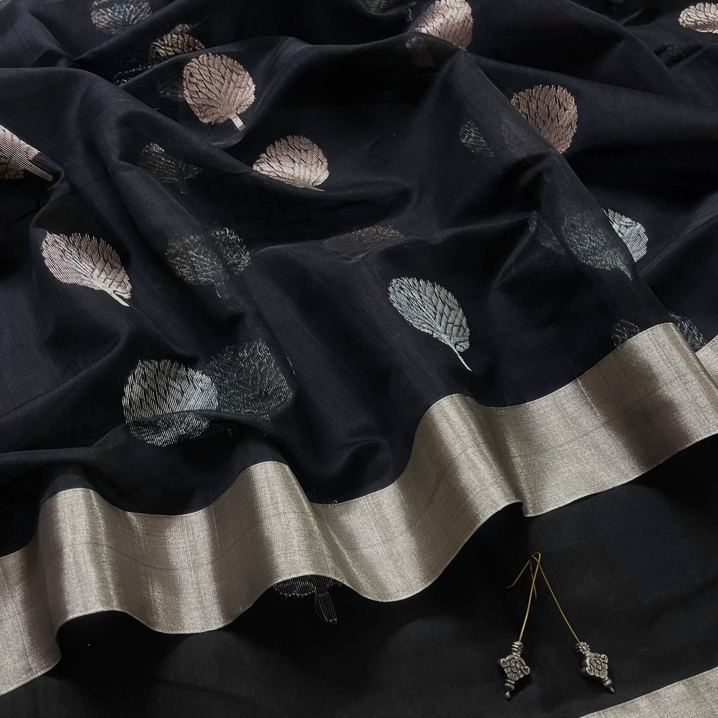 Black Chanderi saree with silver tree motifs all over