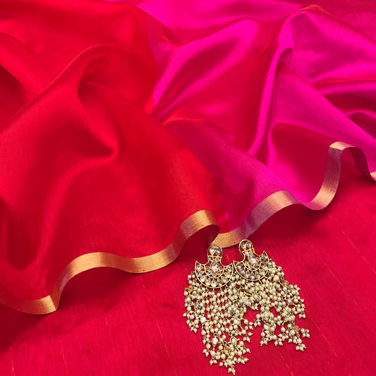 Chili Red and pink Chanderi silk saree with tassels on pallu
