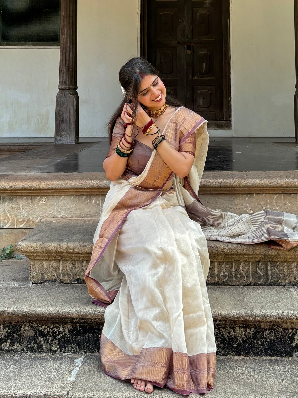Ready to wear | Cream & Violet Maheshwari tissue silk saree with antique gold zari border