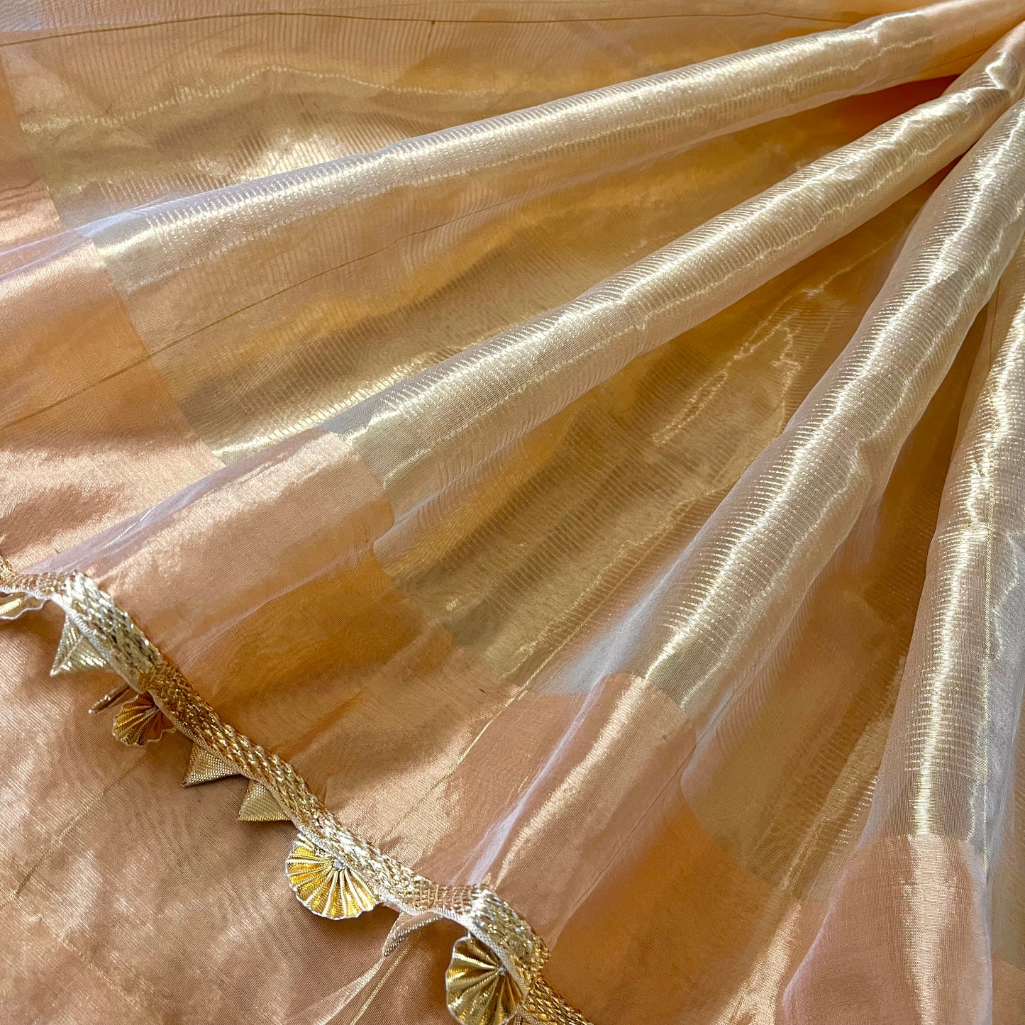 Sand beige Chanderi silk saree with zari checks all over and gota border