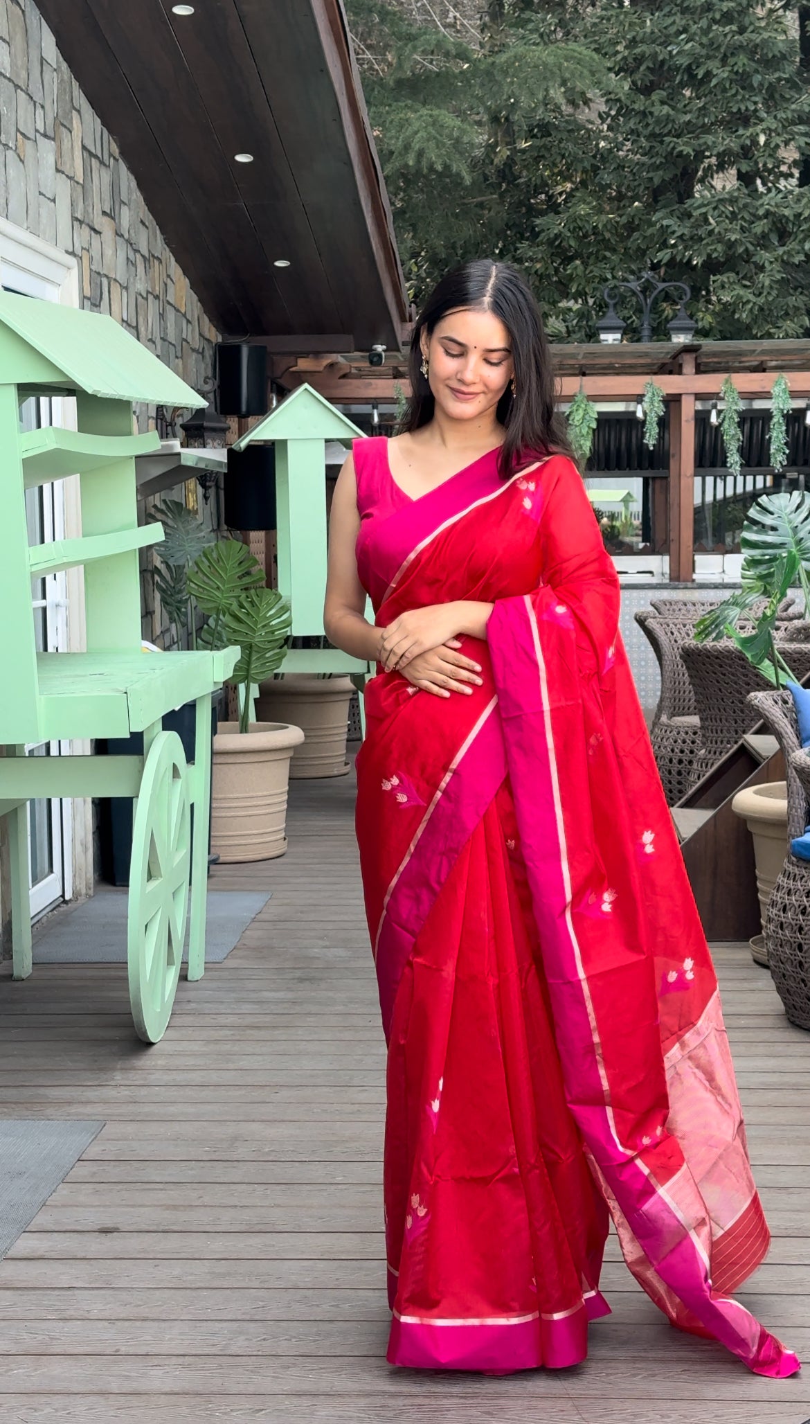 Red and pink chanderi saree with flower motifs all over