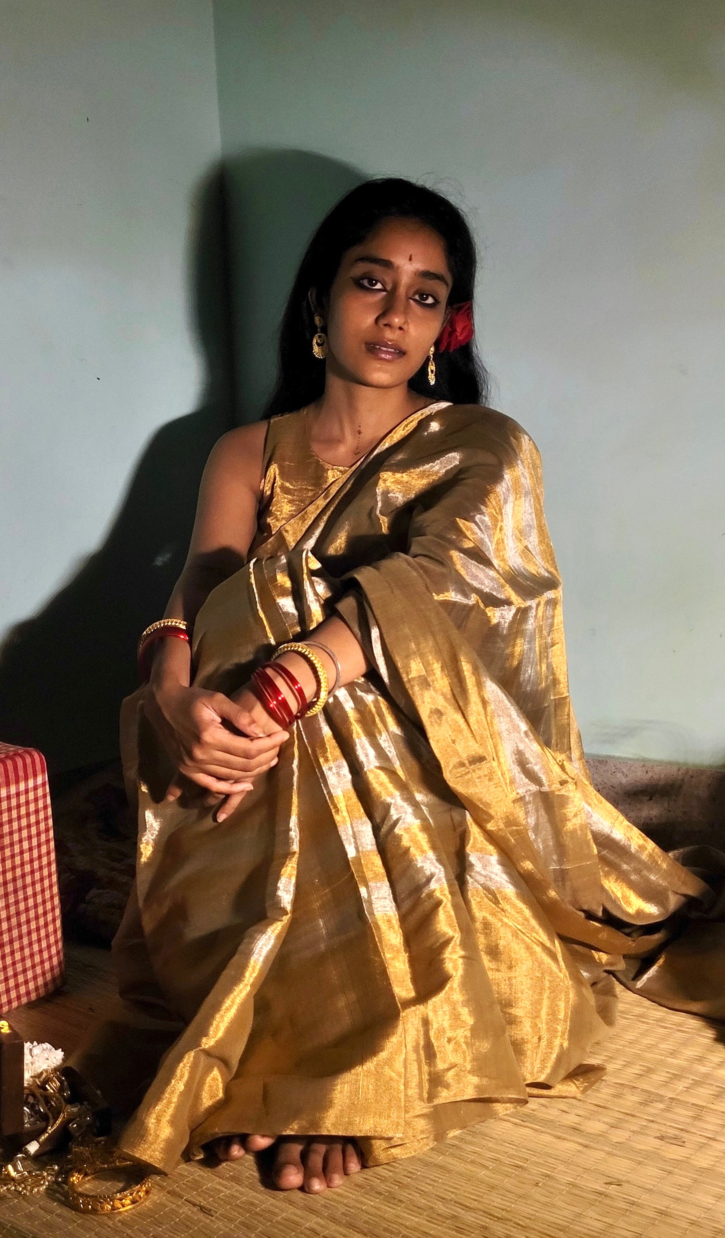 Gold and silver striped chanderi tissue silk saree
