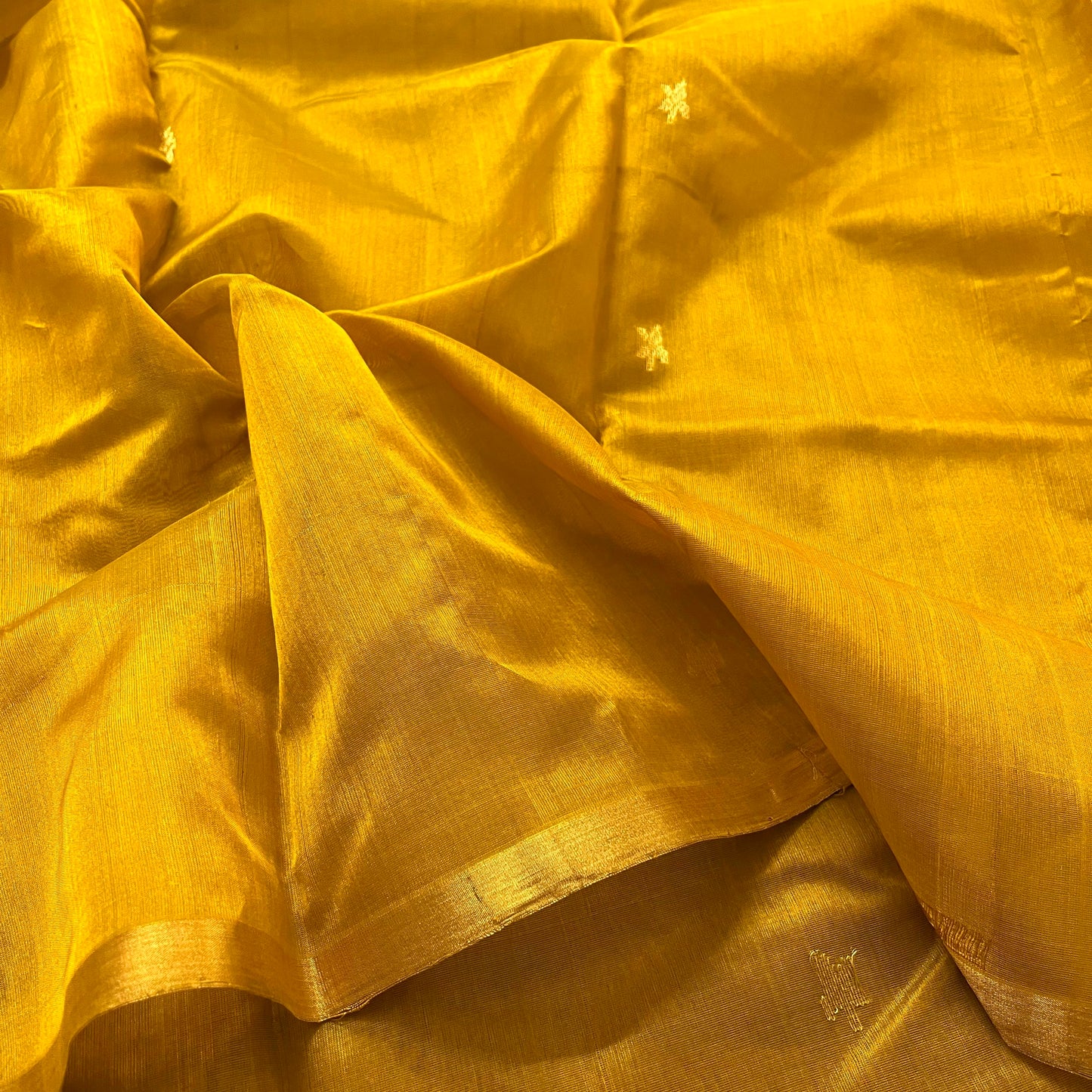 Mustard yellow chanderi silk saree with flower bootis all over