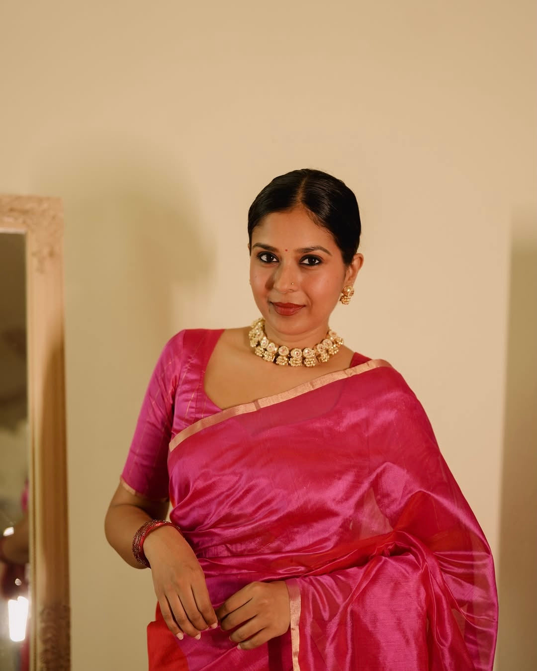 Chili Red and pink Chanderi silk saree with tassels on pallu