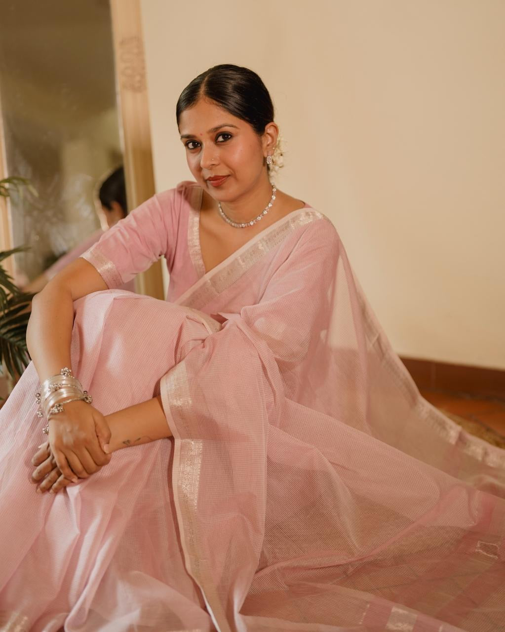 Baby pink Maheshwari saree with checks all over