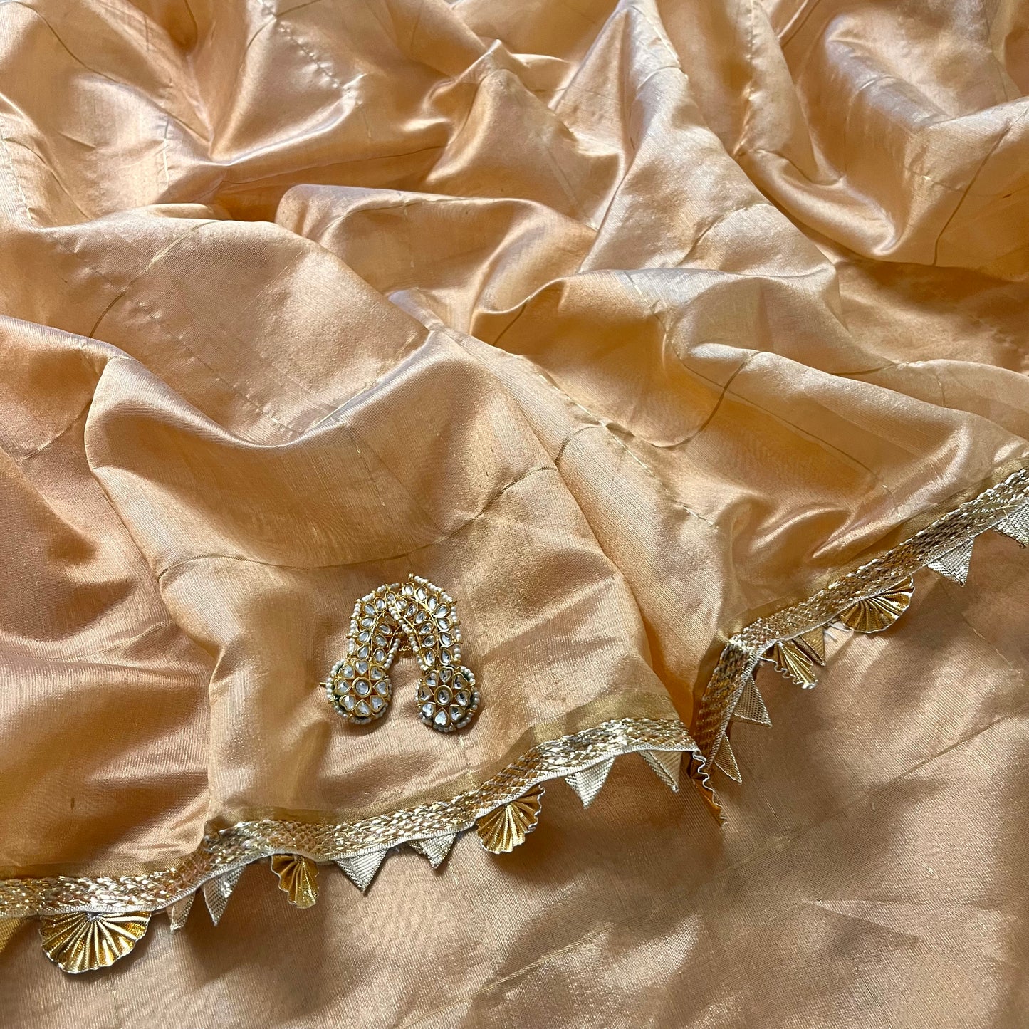 Sand beige Chanderi silk saree with zari checks all over and gota border