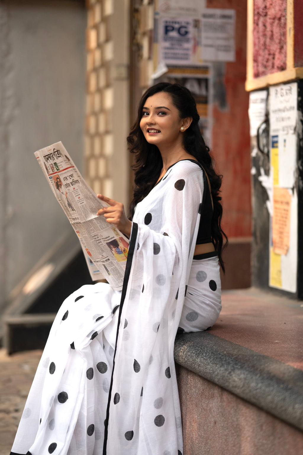 White and black polka dots mulmul saree