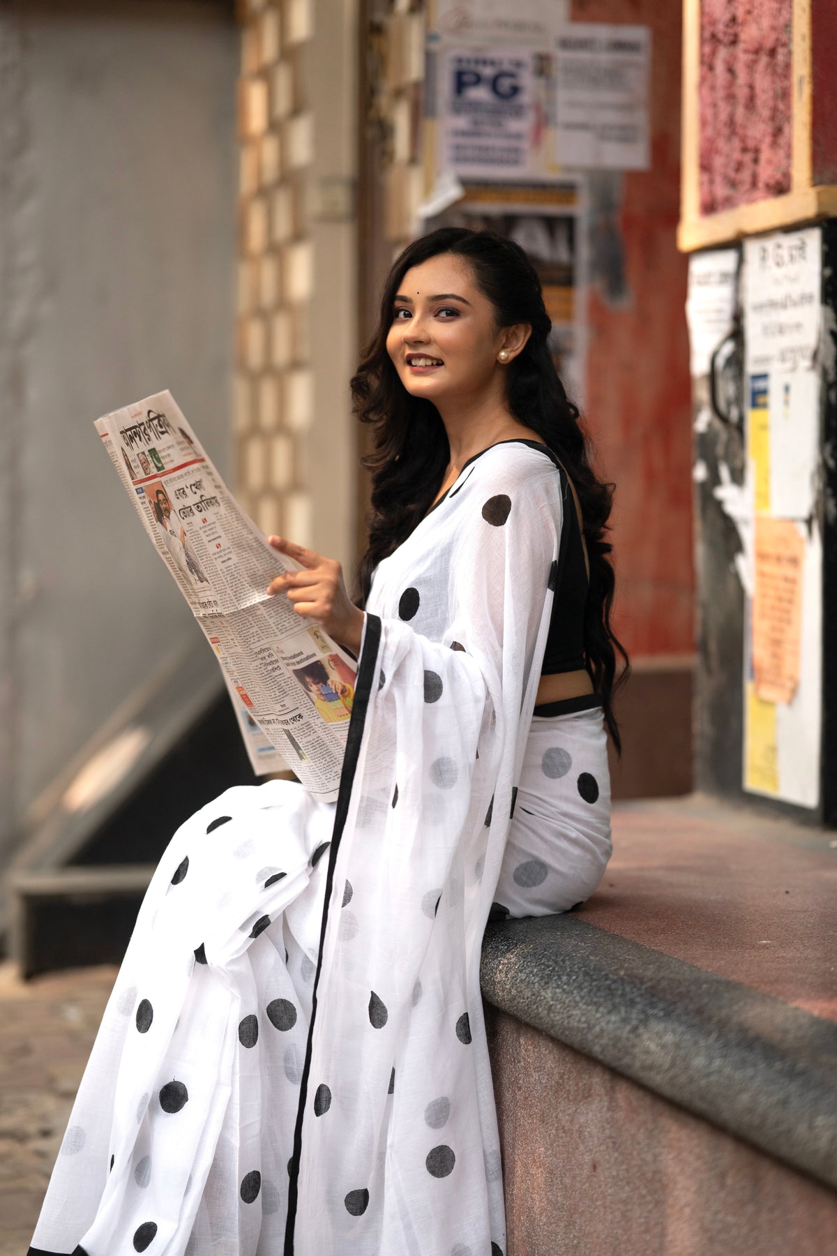 White and black polka dots mulmul saree