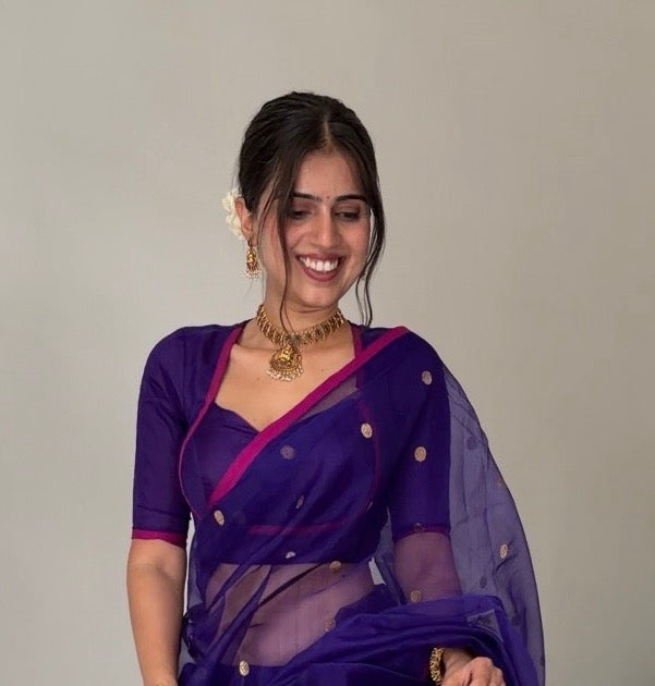Dark Purple & Pink Chanderi silk saree with zari bootis all over