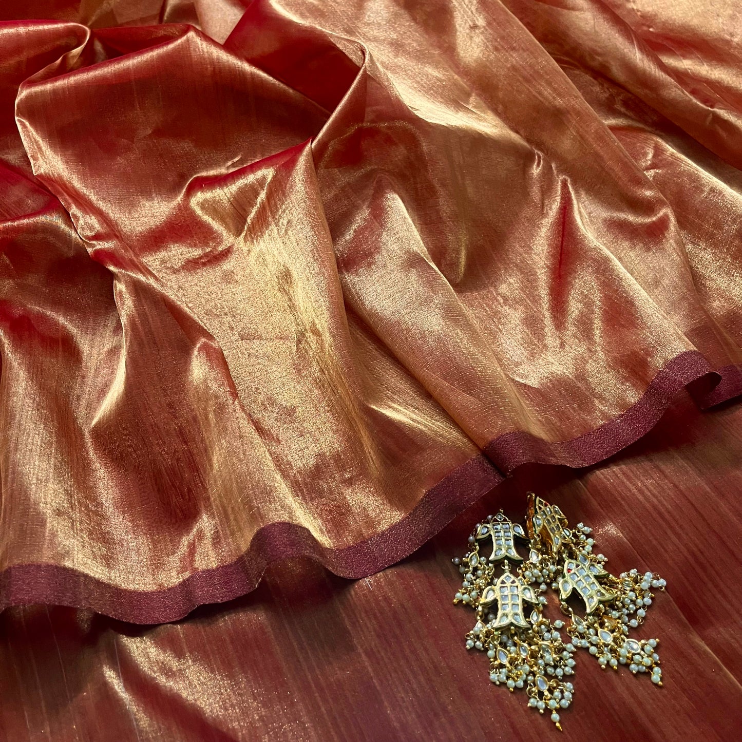 Deep red and gold Chanderi tissue silk saree