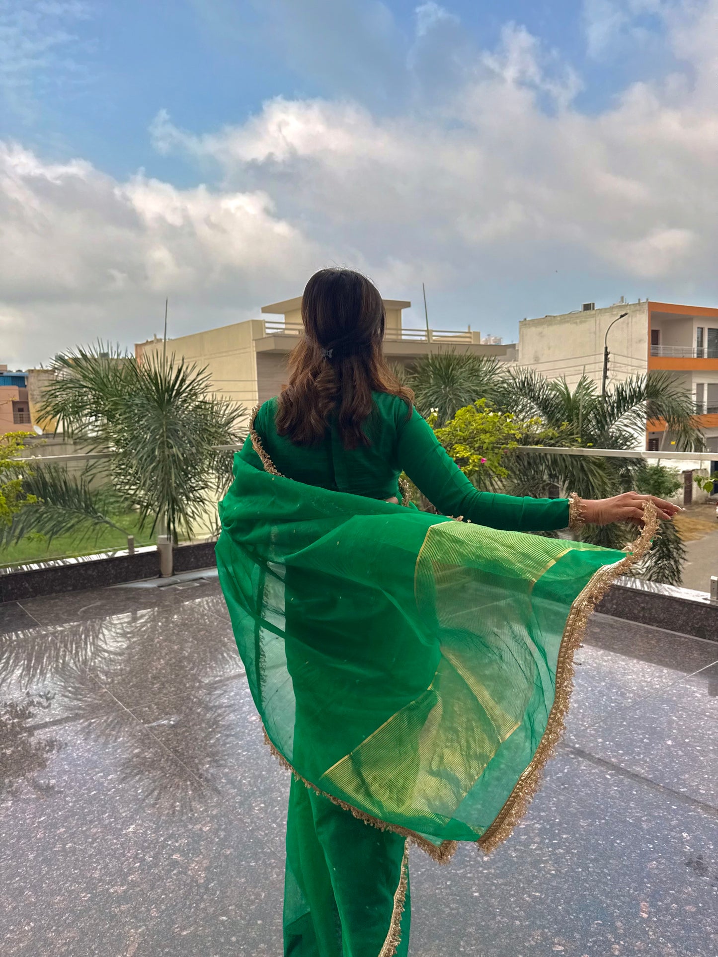 Emerald Green Chanderi silk saree with zari bootis all over