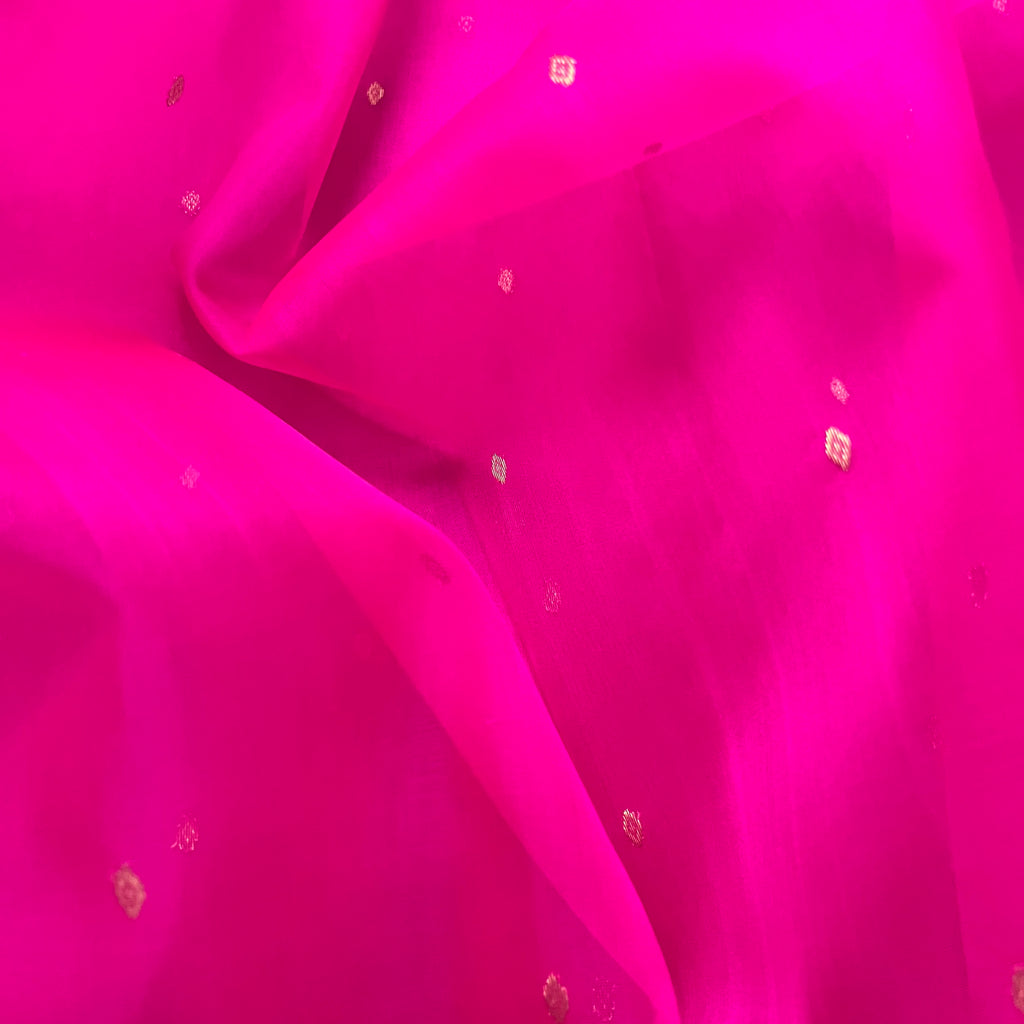 Fuschia pink Chanderi silk saree with zari bootis all over