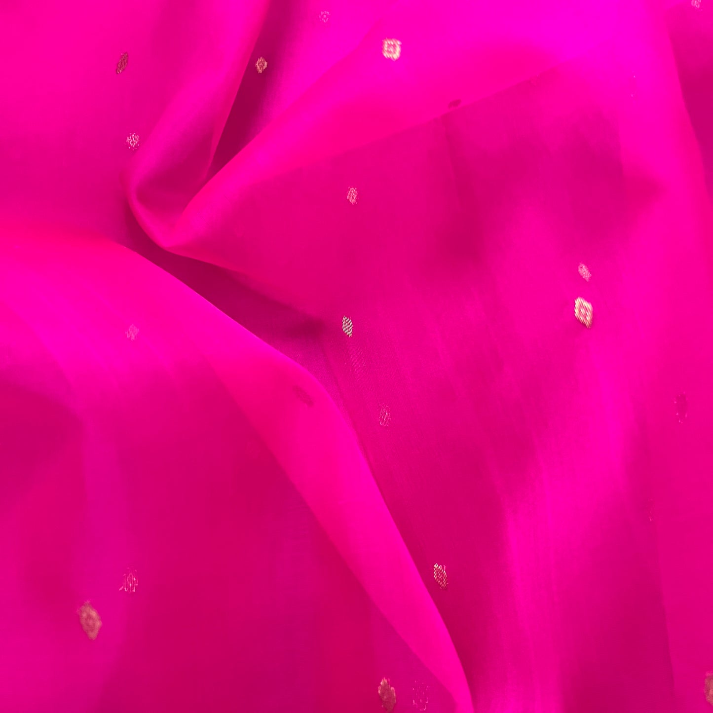 Fuschia pink Chanderi silk saree with zari bootis all over
