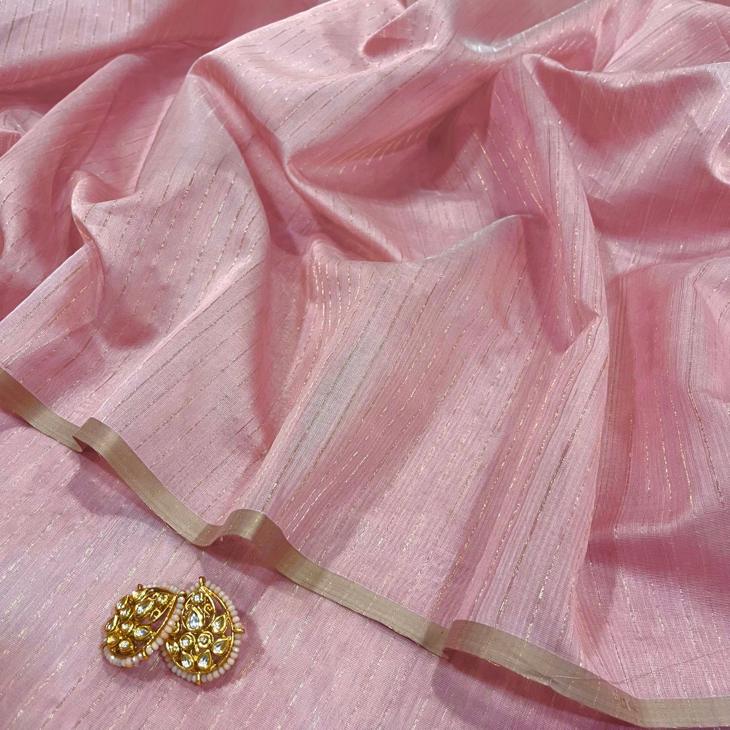 Pastel Pink Maheshwari saree with zari lines all over