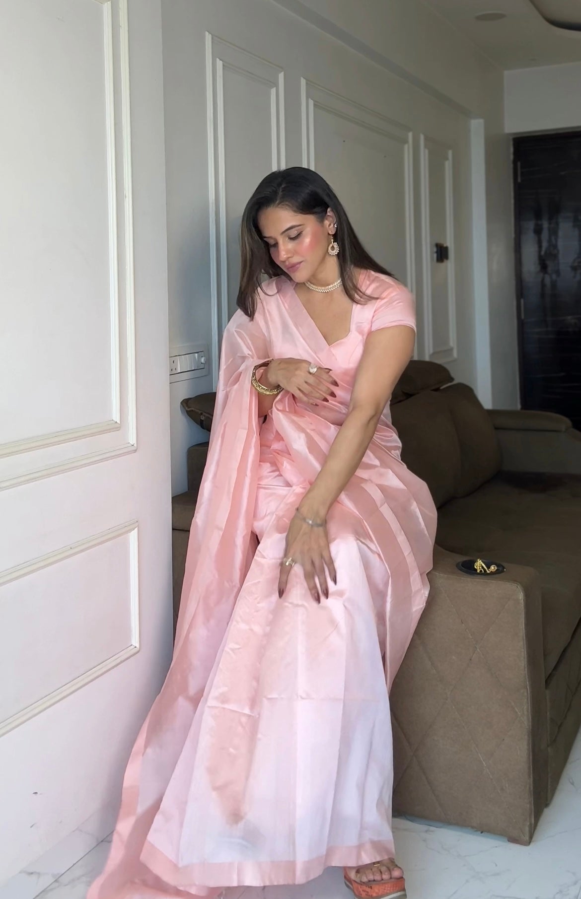 Baby Pink Chanderi silk saree with silk border