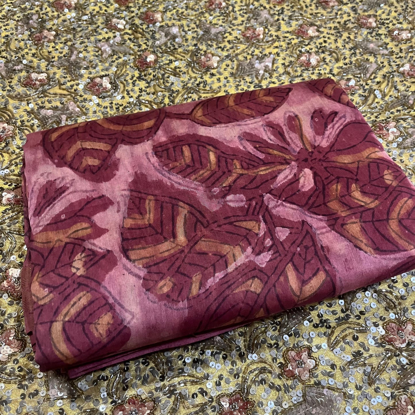 Rust pink Maheshwari saree with ajrakh print all over