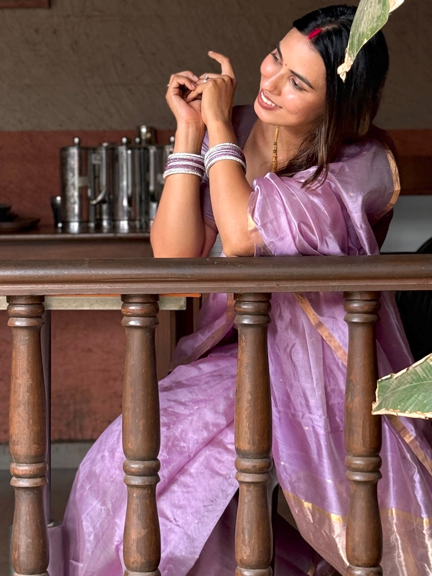 Mauve Chanderi silk saree with zari bootis all over
