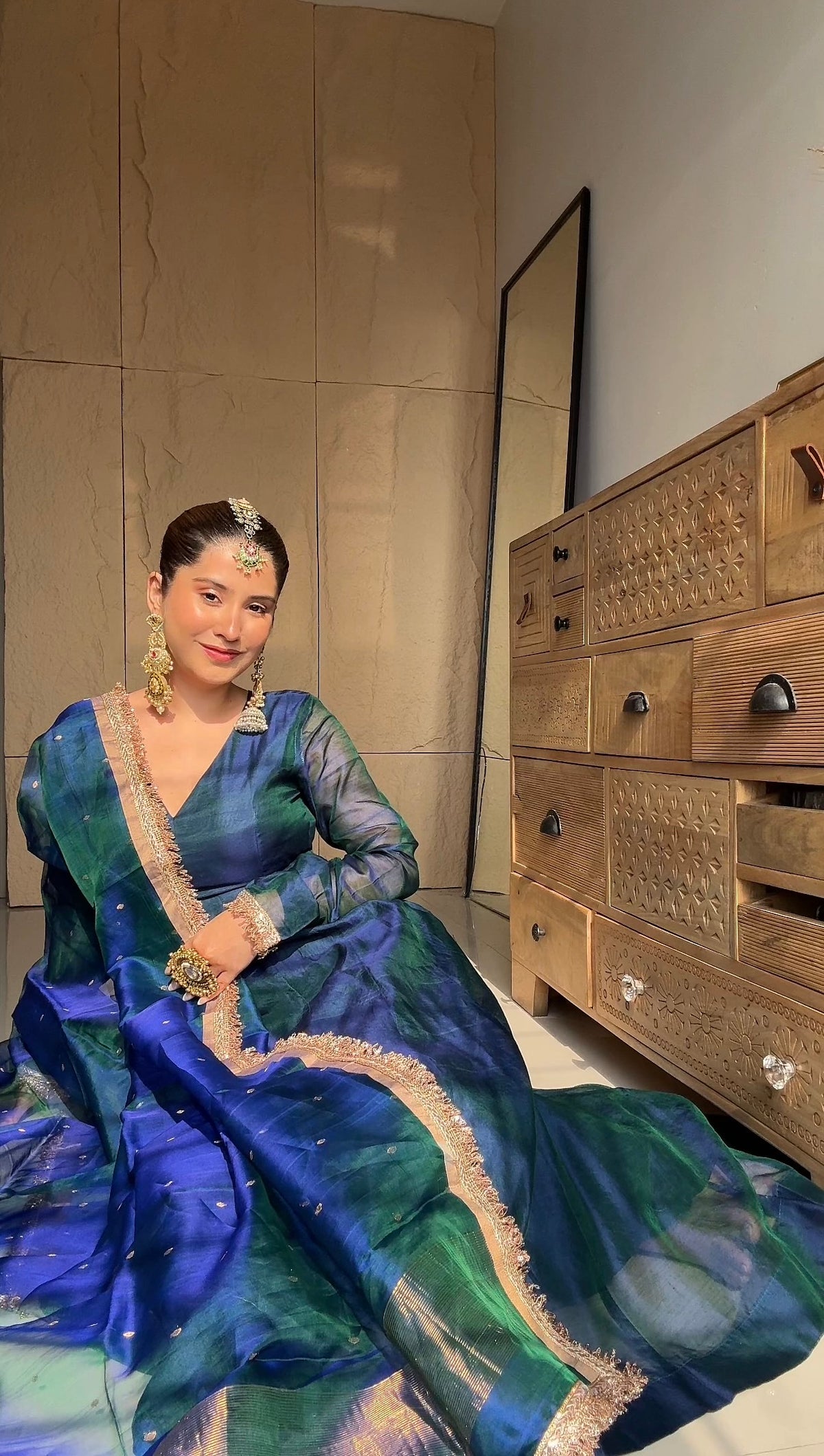 Peacock Green & Blue Dual Tone Chanderi Organza Silk Anarkali Suit
