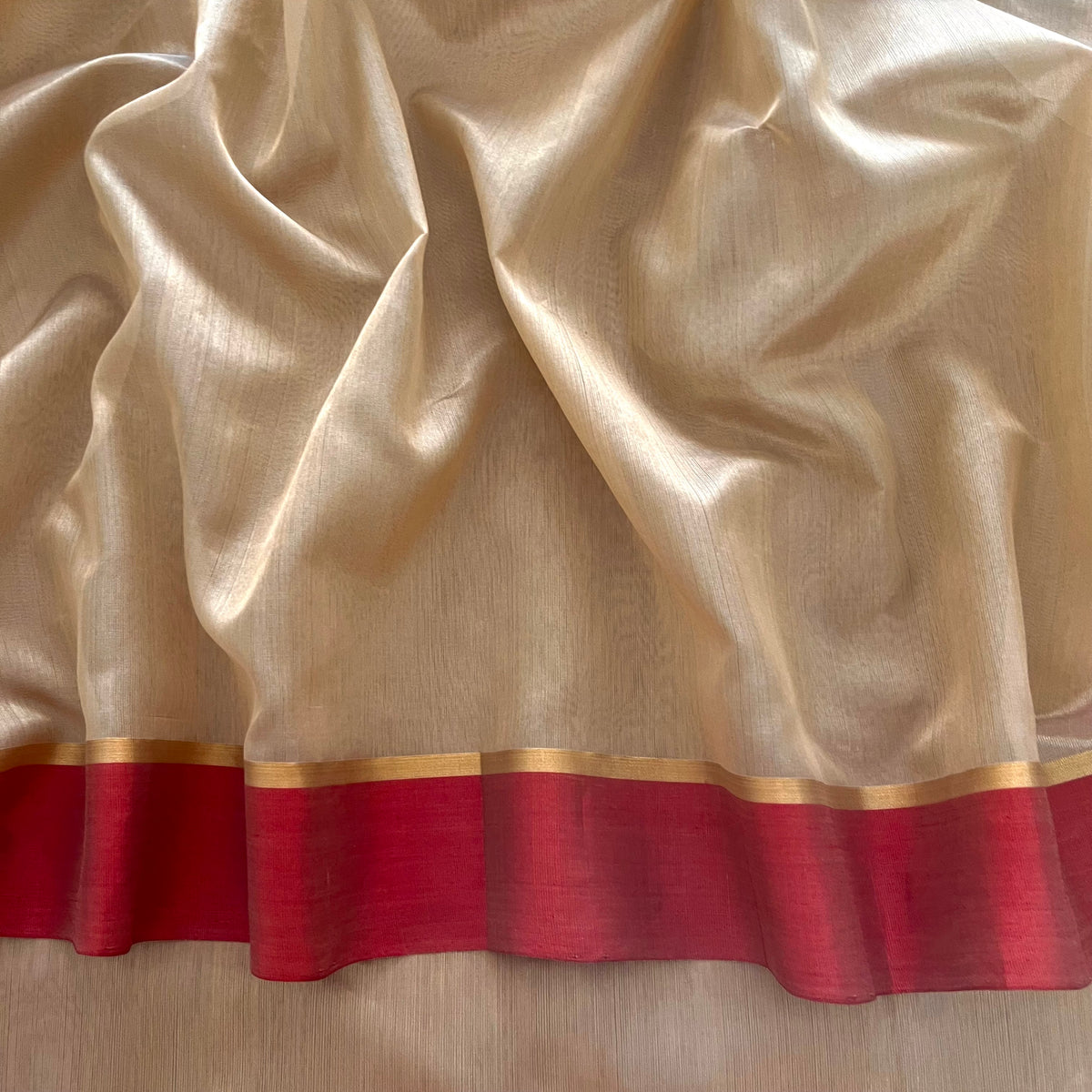 Beige & Red Chanderi Silk Saree with Zari Lines on Pallu
