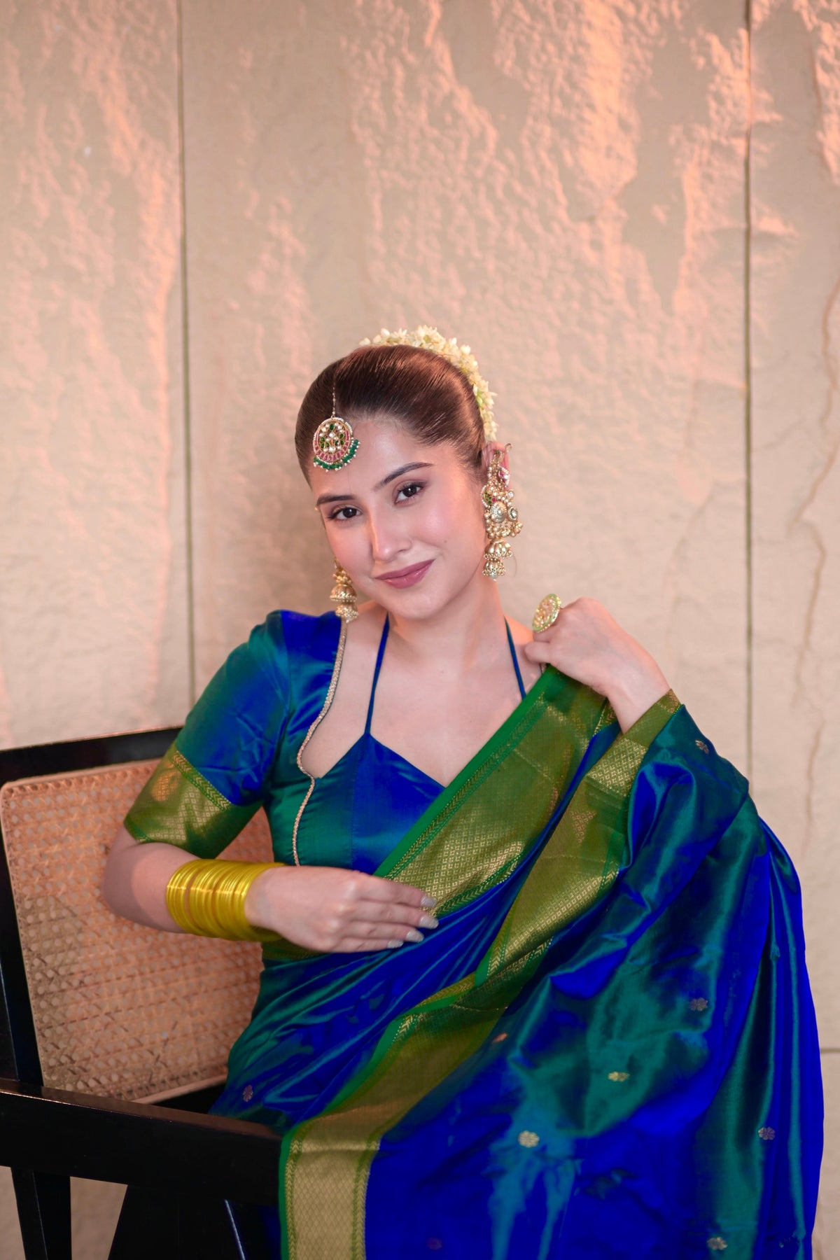 Peacock blue and green dual tone Maheshwari silk saree with zari bootis all over