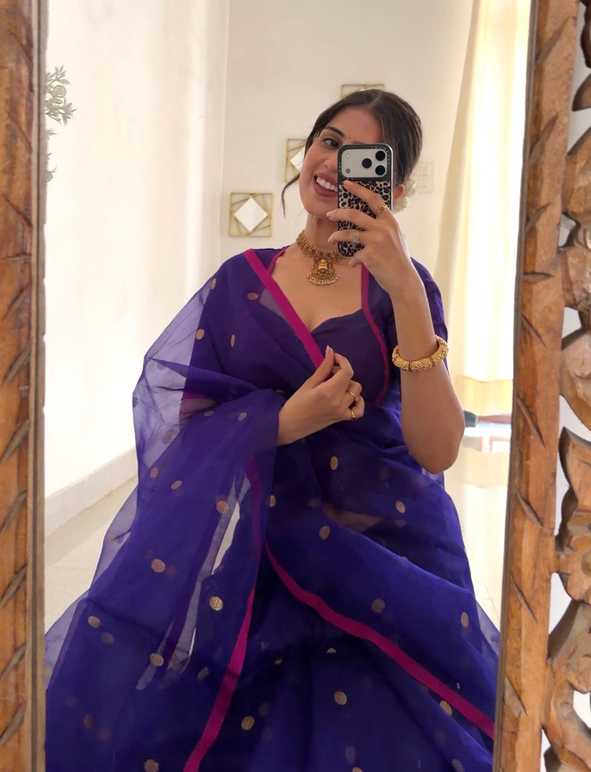 Ready to wear | Dark Purple & Pink Chanderi Organza Silk Saree with Zari Bootis all over