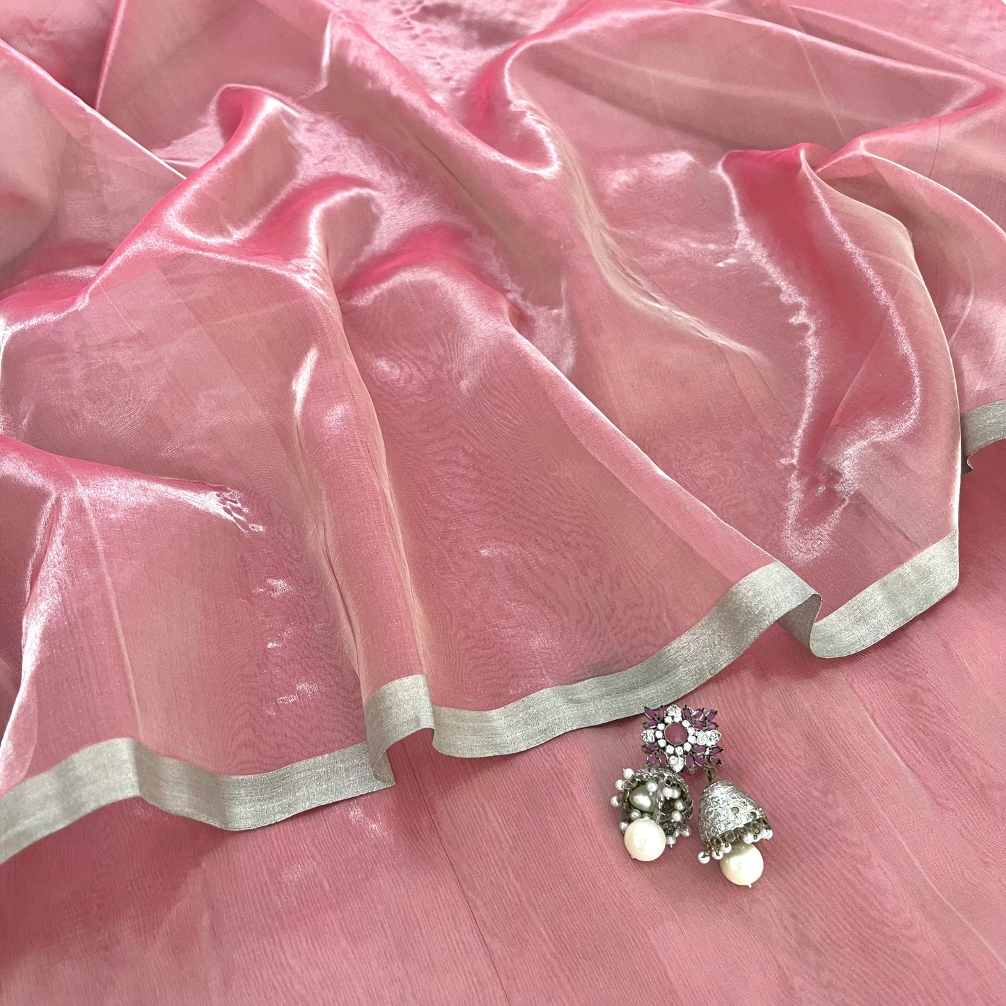 Flamingo pink Chanderi tissue silk saree