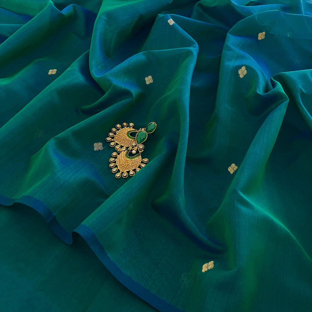 Ready to wear | Peacock Green & Blue Dual Tone Maheshwari Saree with Zari Bootis all over