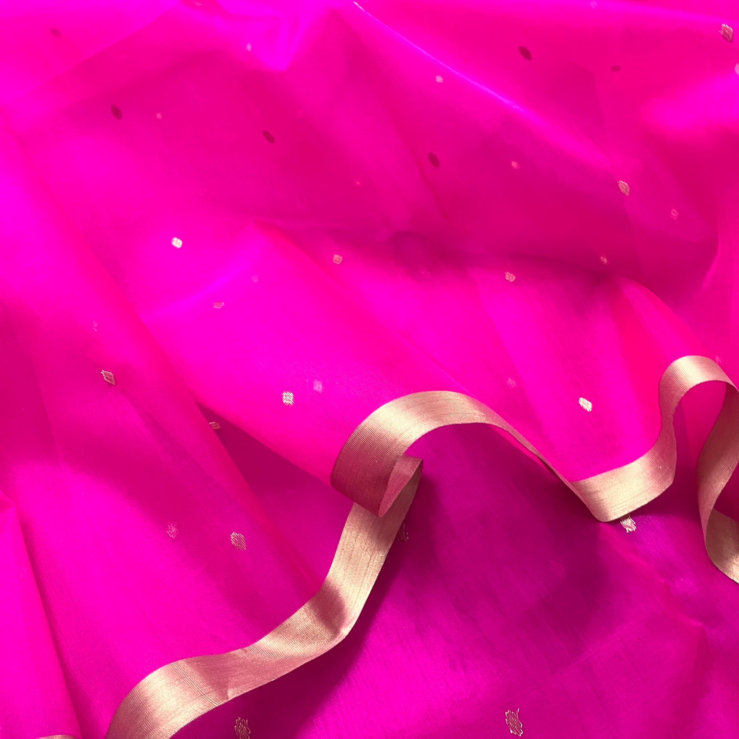Fuschia pink Chanderi silk saree with zari bootis all over