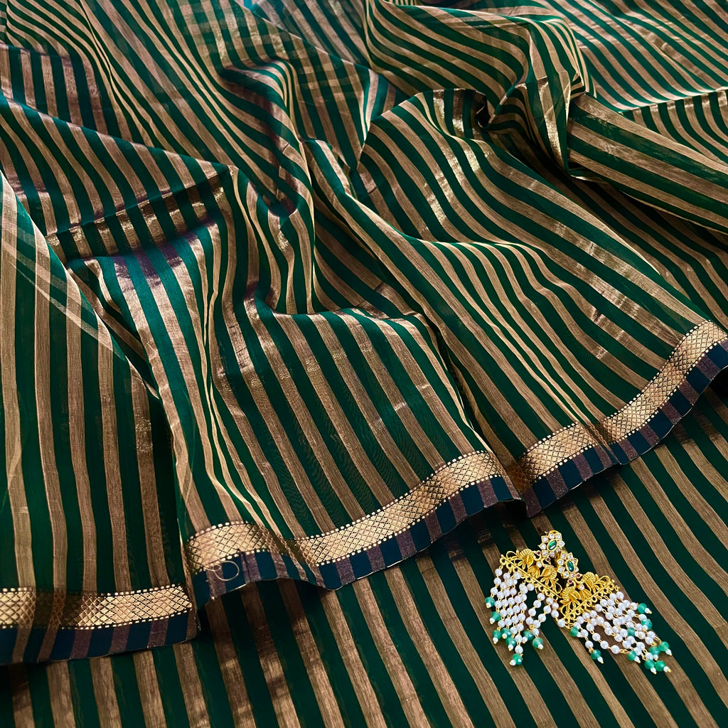 Dark green Maheshwari saree with zari stripes all over