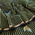 Dark green Maheshwari saree with zari stripes all over