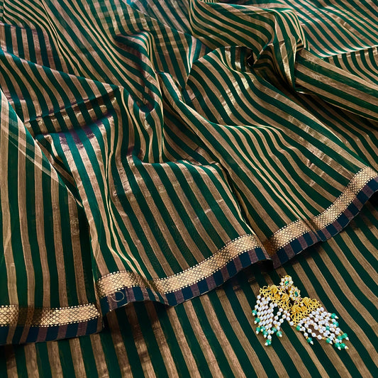 Dark green Maheshwari saree with zari stripes all over