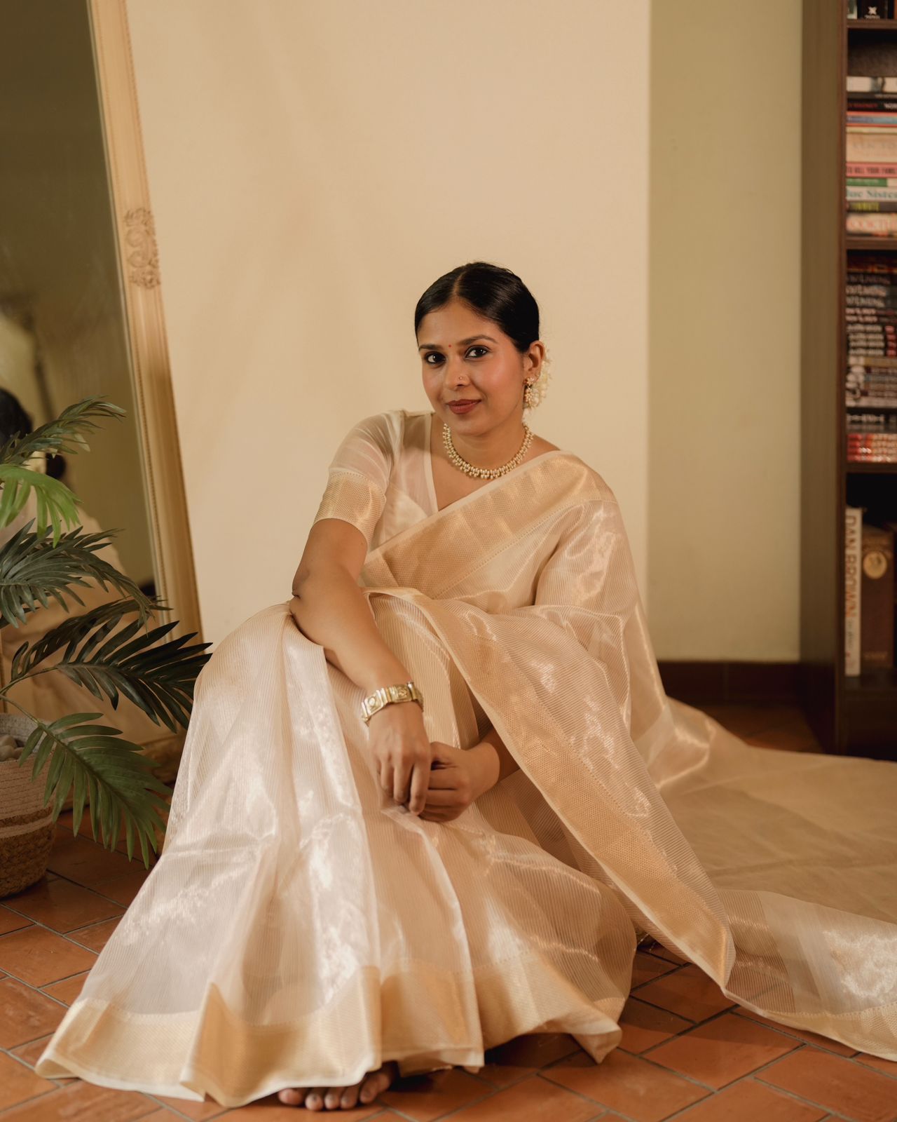 Off white gold Maheshwari saree with zari lines all over