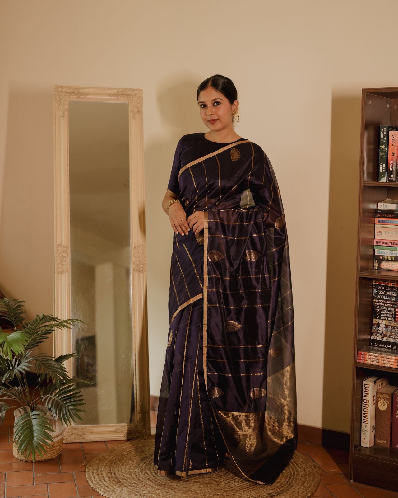 Midnight blue Chanderi silk saree with zari motifs all over