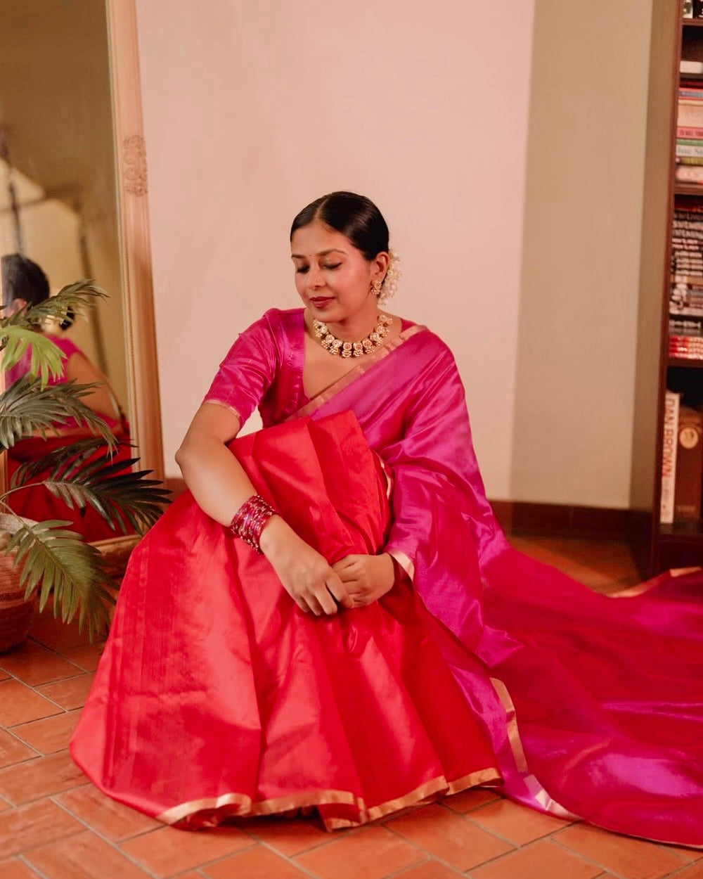 Chili Red and pink Chanderi silk saree with tassels on pallu